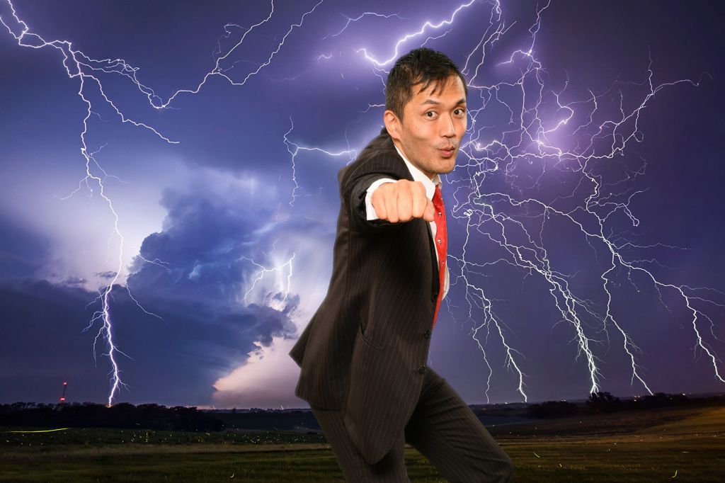 One punch lightning fist guest goofs off with green screen photography at private corporate event