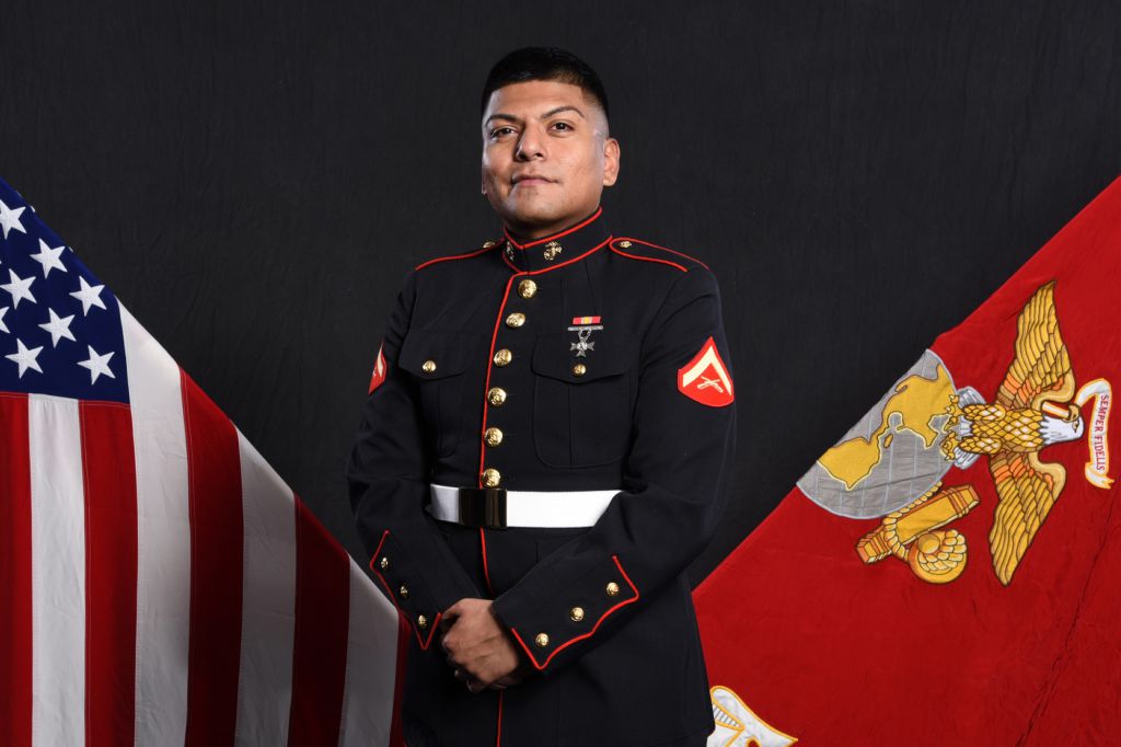 Proud marine dramatic portrait with colors printed onsite