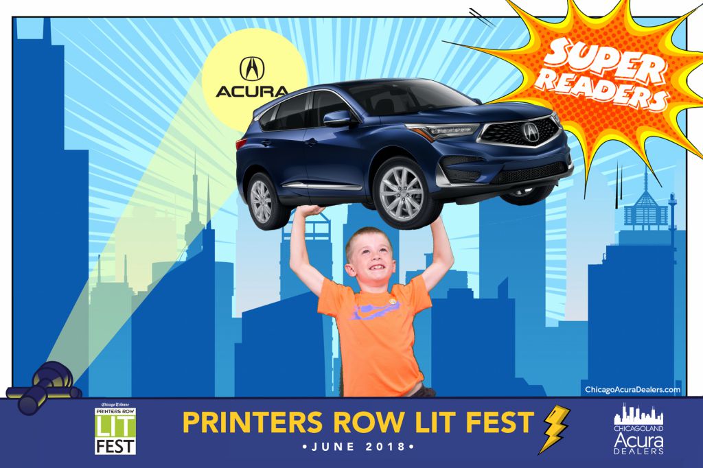 Kid lifts Acura because green screen photography at Lit Fest