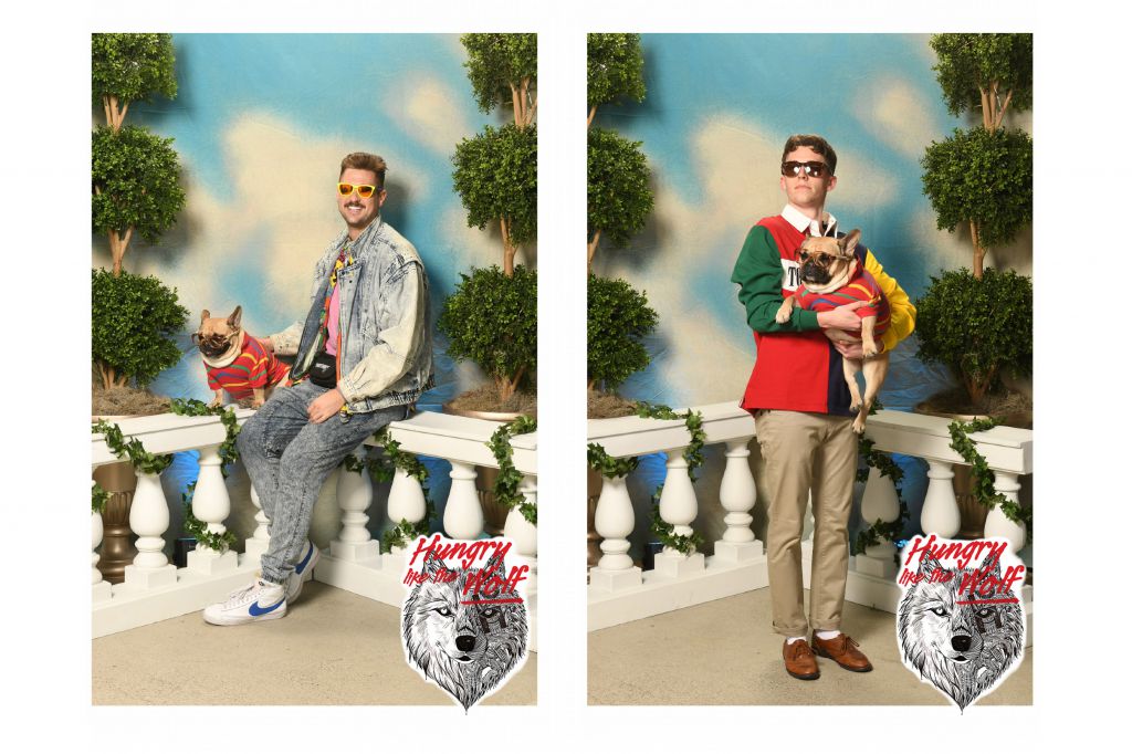 Hungry Like the Wolf 80s style step repeat portraits men with dogs