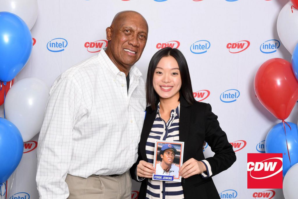 Fan meets legend Fergi Jenkins gets step repeat photography and signed photo at Chicago corporate event