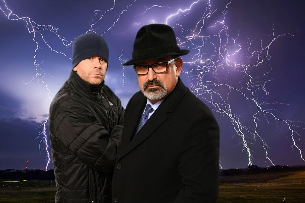 Guests act out corny cop drama on lightning background because onsite photo printing rules