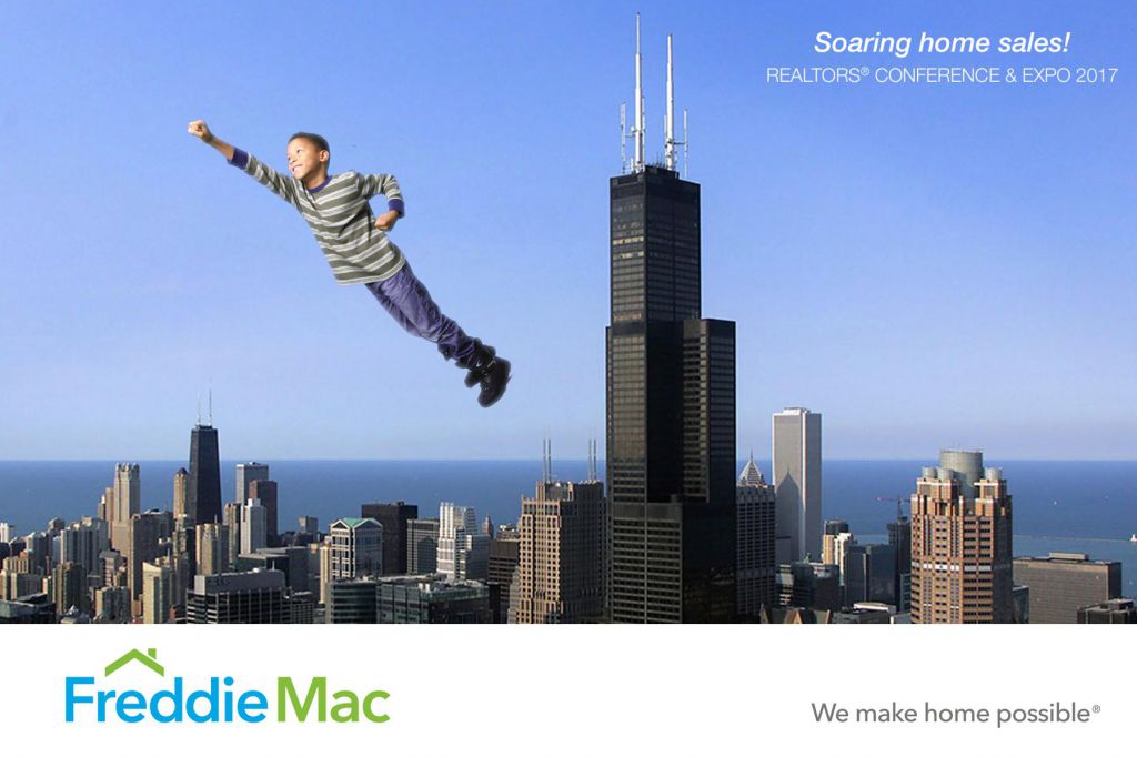 Boy flies over Chicago skyline thanks to green screen photography at tradeshow