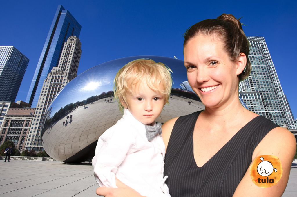 green screen photobooth photo of mother and child with Millenium park background