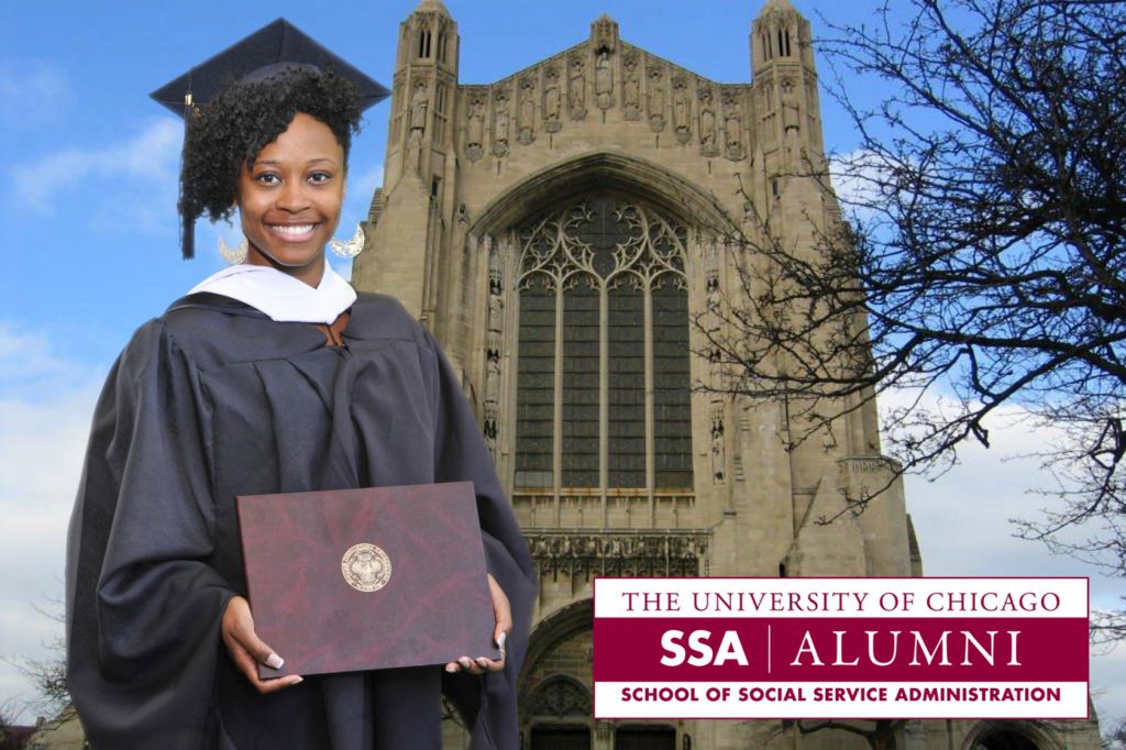 Green screen graudation photography makes it look like graduate is at University of Chicago