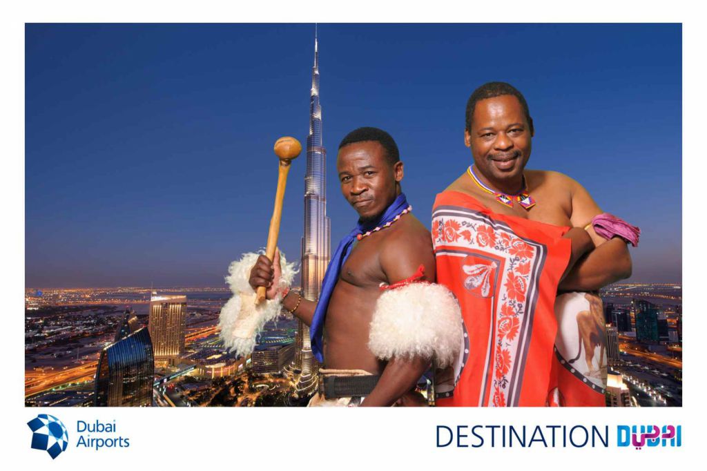 Swasiland warriors contrast nicely with green screen photo background of Burj Khalifa