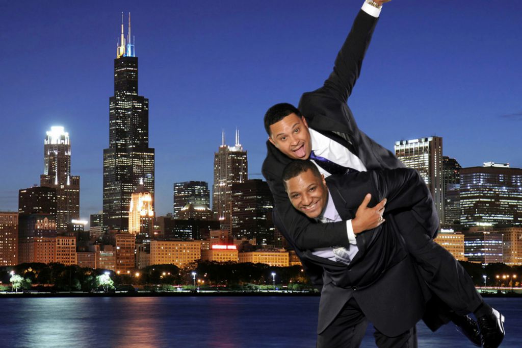 Men jump in the air, pose on Chicago skyline green screen photobooth background