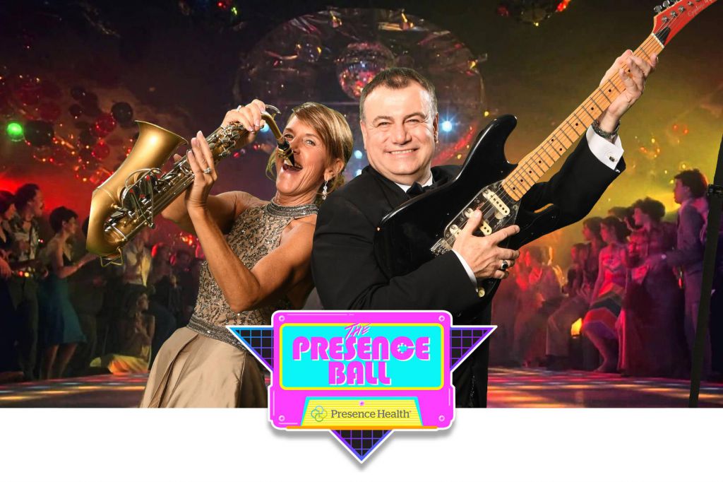 Woman man play sax guitar on 80s disco dance floor thanks to Chicago green screen photobooth
